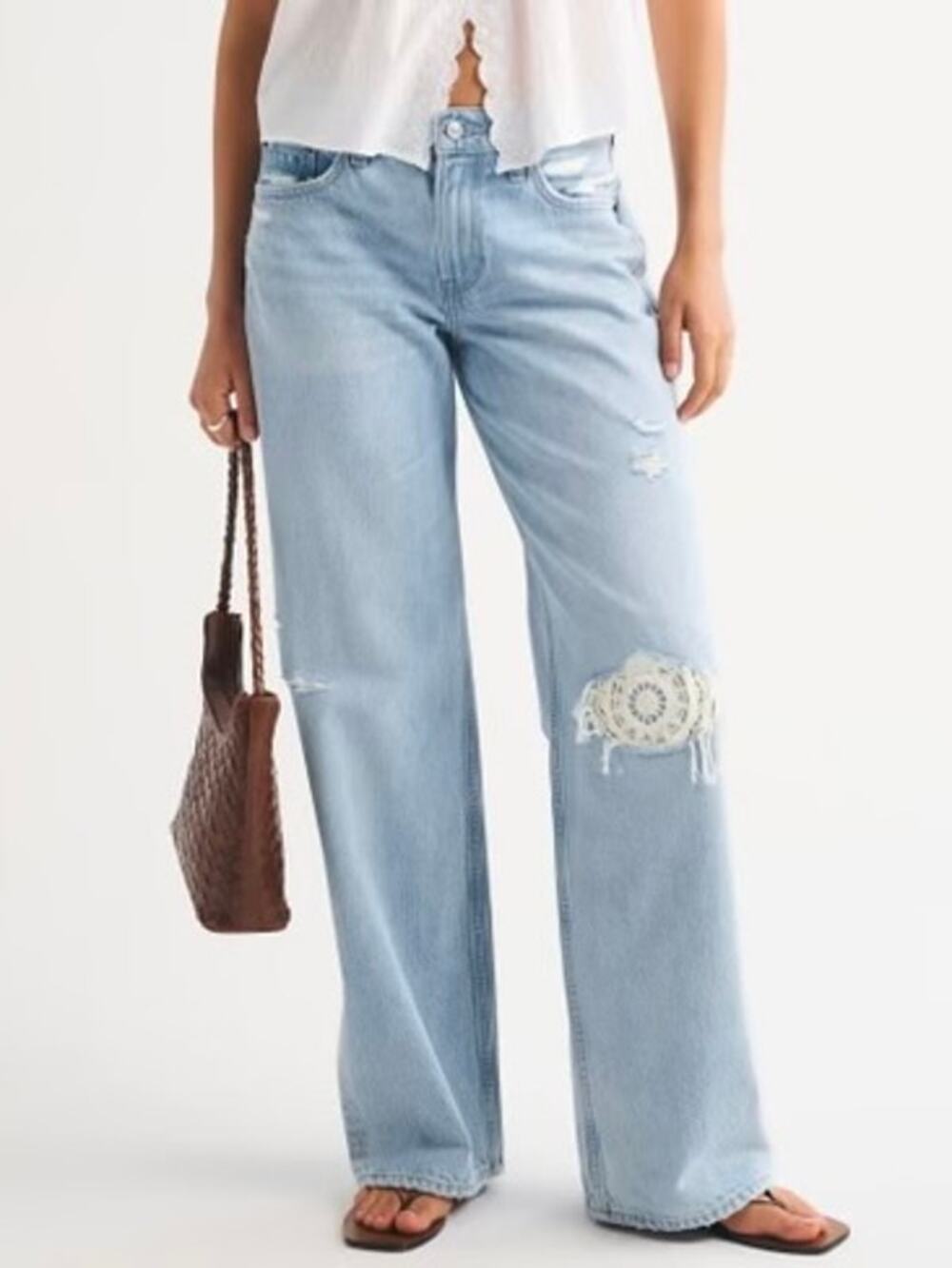 Abercrombie & Fitch Curve Love Low Rise Ultra Loose Jean Ripped Crochet Wide Leg